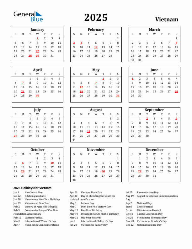 2025 Vietnam Holiday Calendar - Sunday Start