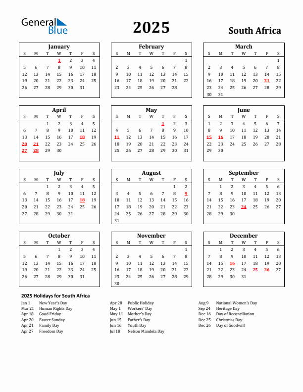 2025 South Africa Holiday Calendar - Sunday Start
