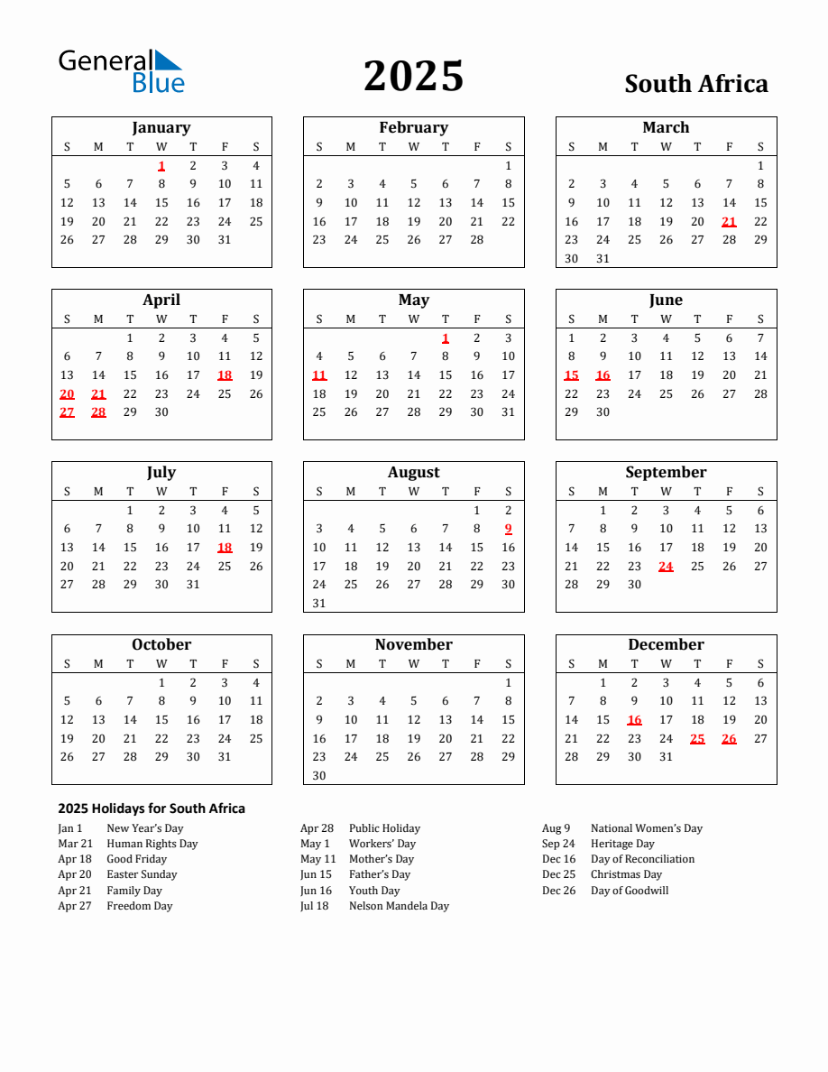 Free Printable 2025 South Africa Holiday Calendar