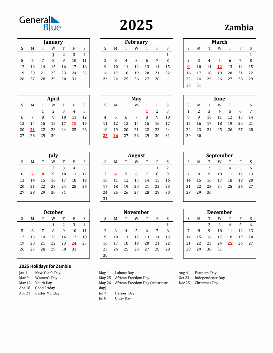 Free Printable 2025 Zambia Holiday Calendar