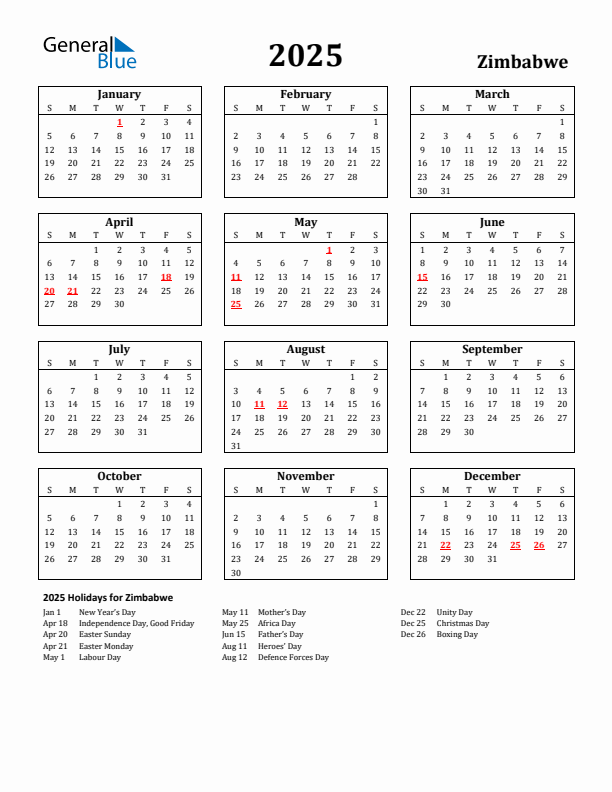 2025 Zimbabwe Holiday Calendar - Sunday Start