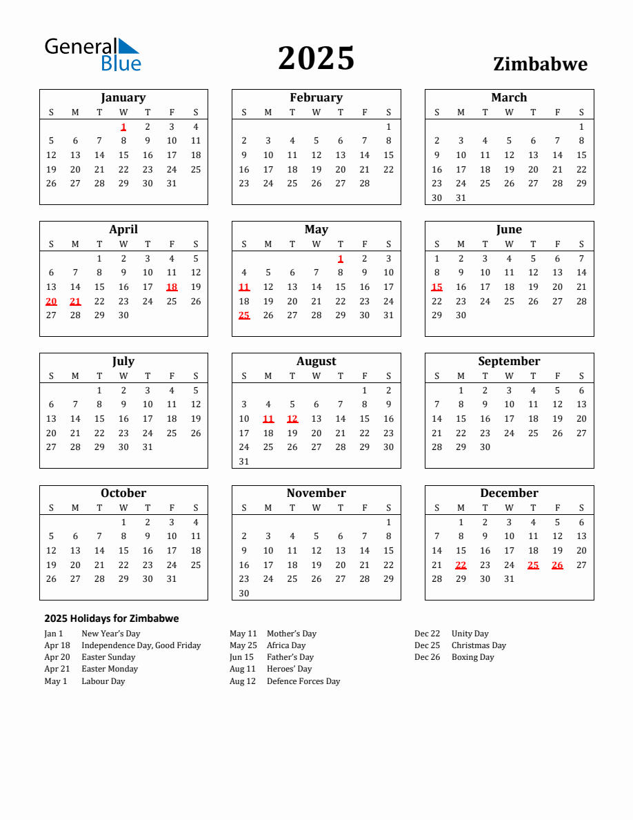 Free Printable 2025 Zimbabwe Holiday Calendar