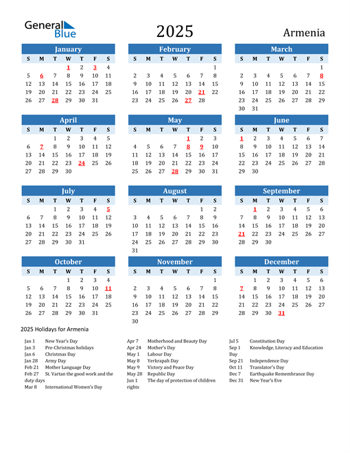 Printable Calendar 2025 with Armenia Holidays