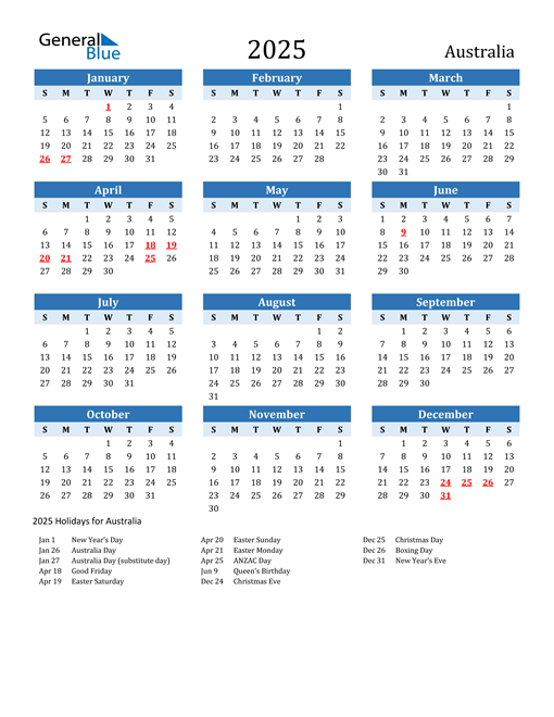 2025 Australia Calendar with Holidays