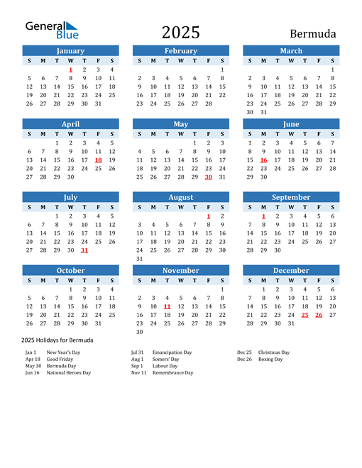 Printable Calendar 2025 with Bermuda Holidays