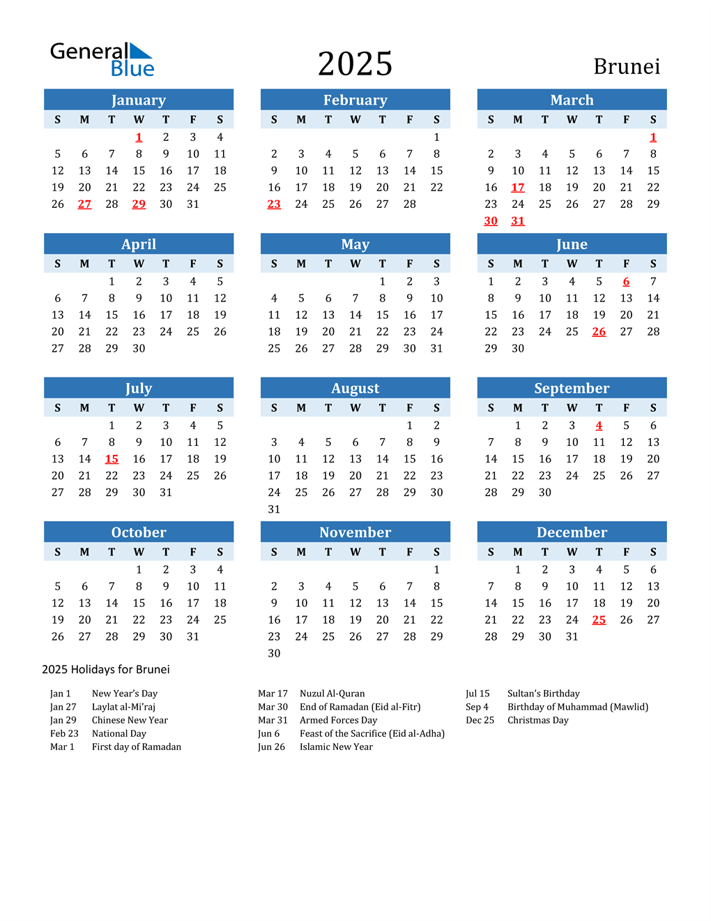 2025 Brunei Calendar with Holidays