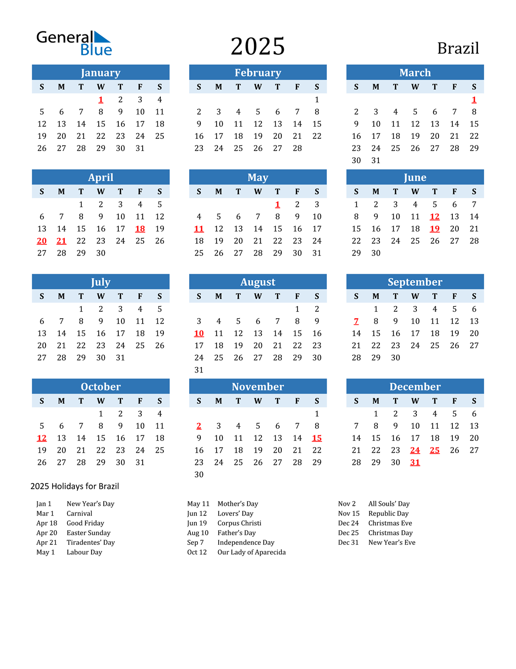 2025 Brazil Calendar with Holidays