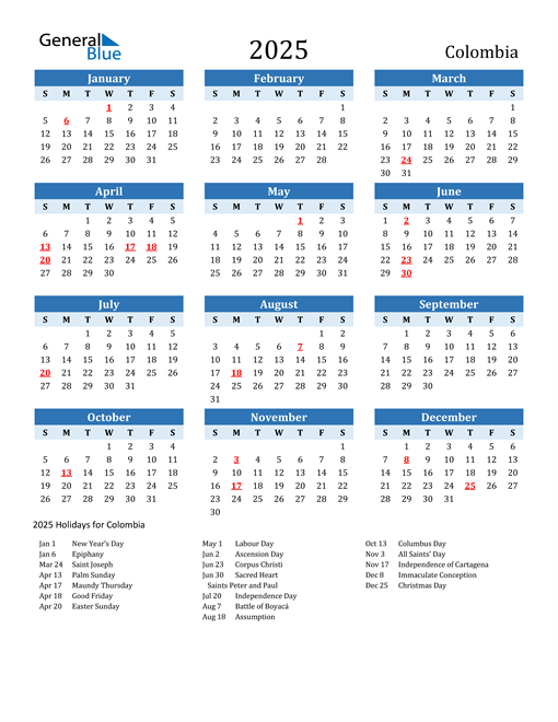 2025 Colombia Calendar with Holidays