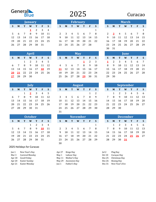 Printable Calendar 2025 with Curacao Holidays