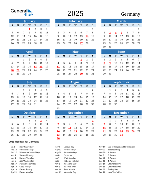 Printable Calendar 2025 with Germany Holidays