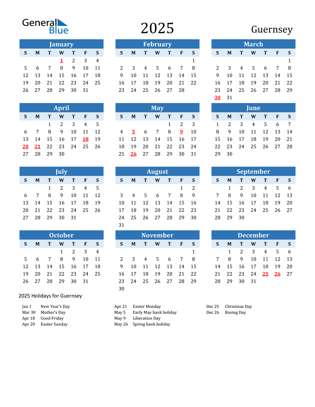 2025 Guernsey Calendar with Holidays