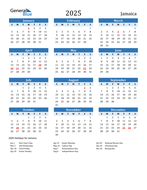 Printable Calendar 2025 with Jamaica Holidays