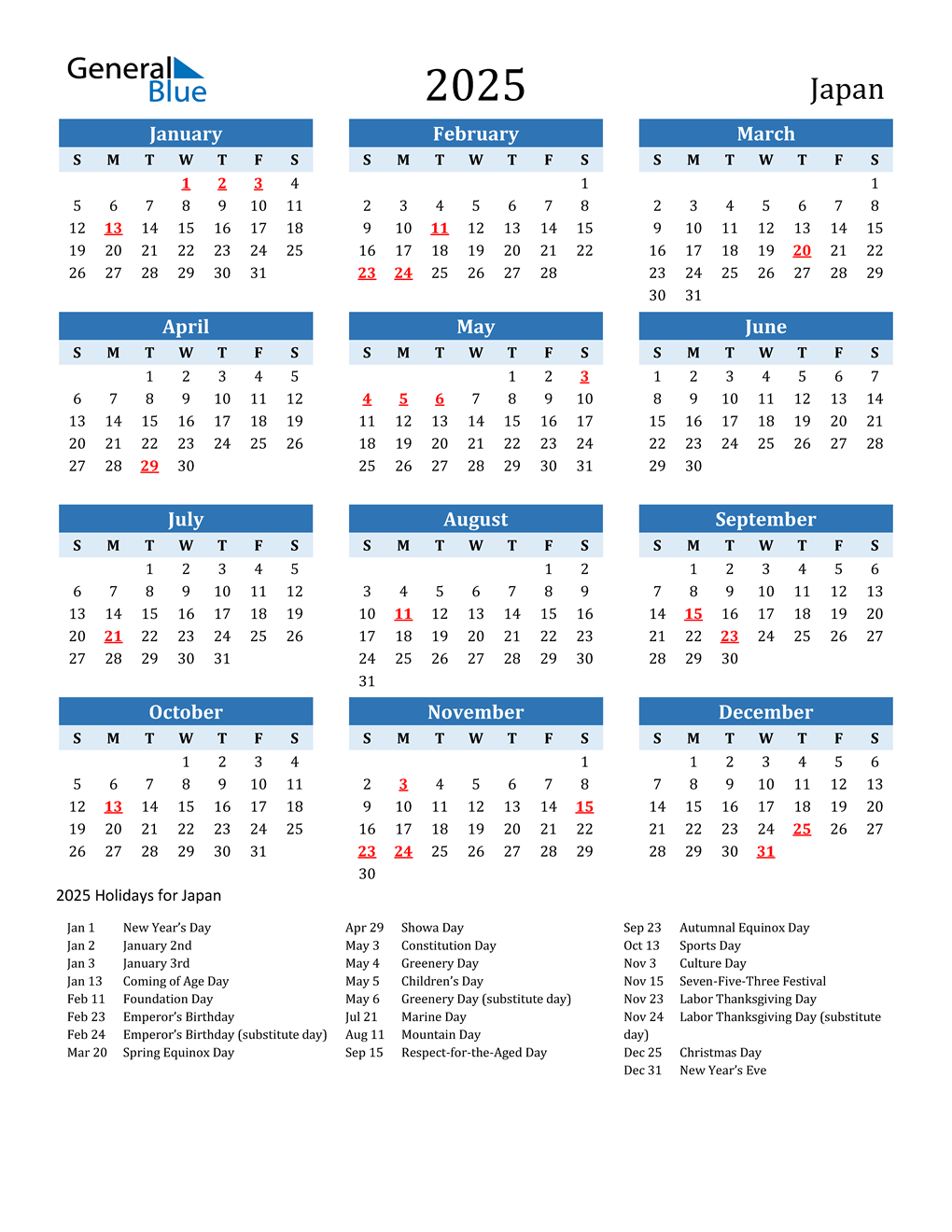 2025 Japan Calendar with Holidays