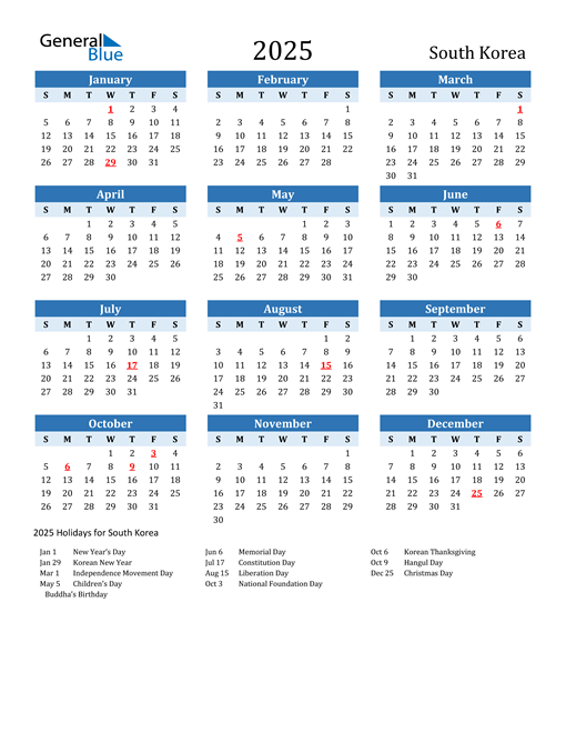 Printable Calendar 2025 with South Korea Holidays