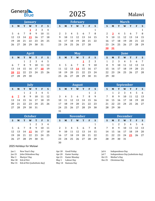 Printable Calendar 2025 with Malawi Holidays