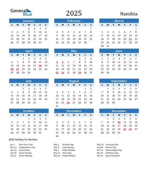 Printable Calendar 2025 with Namibia Holidays