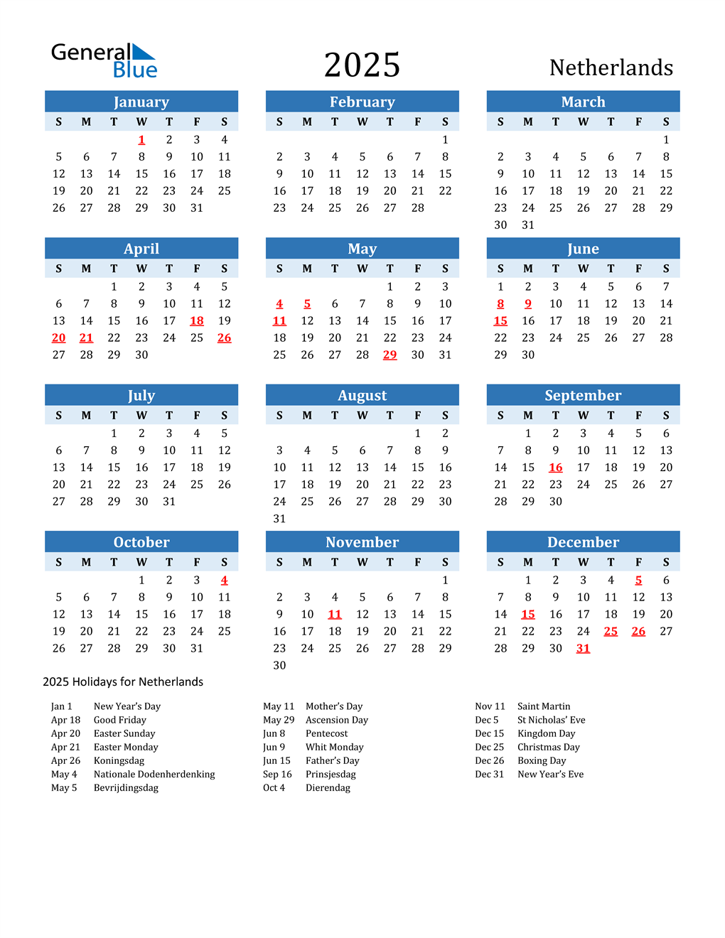 2025 Netherlands Calendar with Holidays