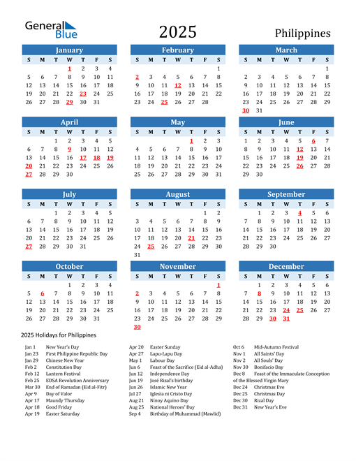 2025 Philippines Calendar with Holidays