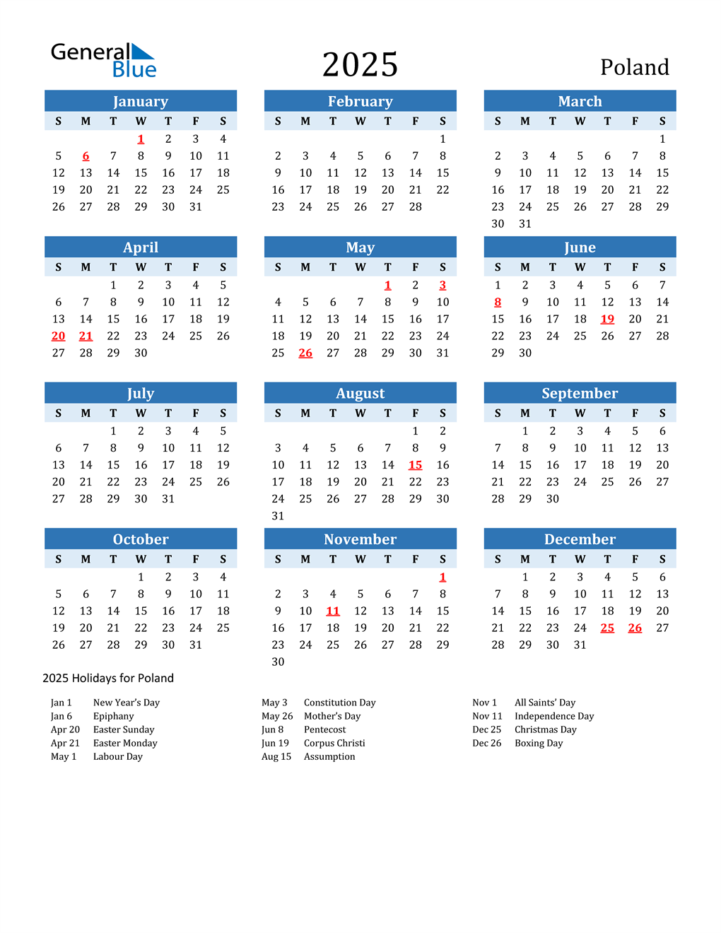 2025 Poland Calendar with Holidays