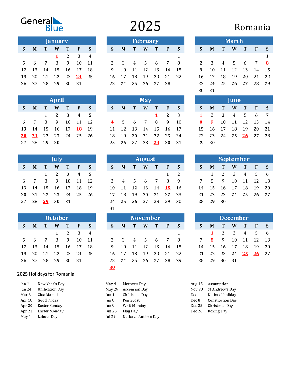 2025 Romania Calendar with Holidays