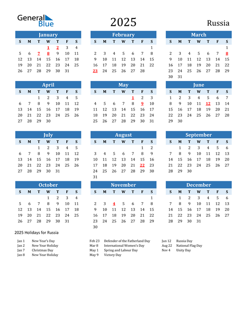 Printable Calendar 2025 with Russia Holidays