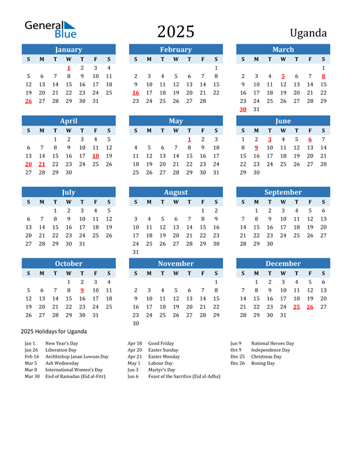Printable Calendar 2025 with Uganda Holidays