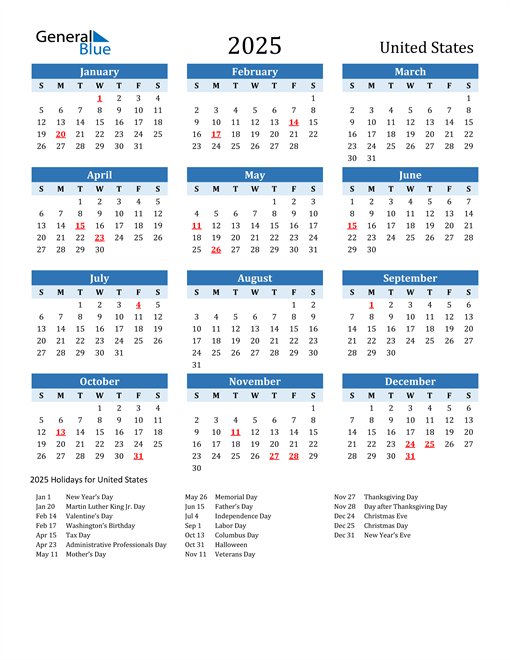 Printable Calendar 2025 with United States Holidays