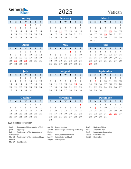 Printable Calendar 2025 with Vatican Holidays