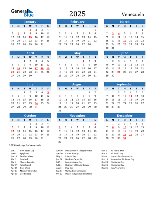 Printable Calendar 2025 with Venezuela Holidays