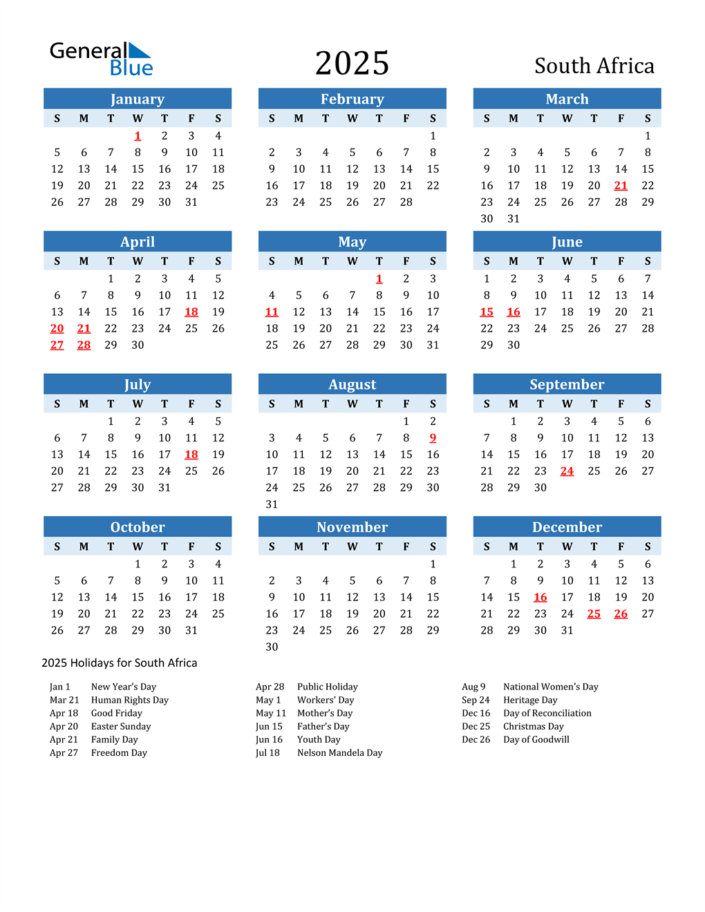 2025 South Africa Calendar with Holidays