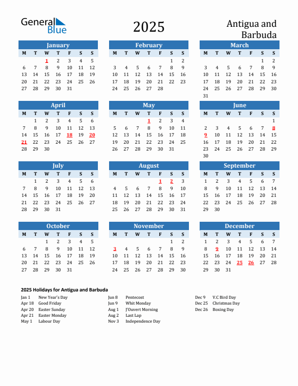 Printable Calendar 2025 with Antigua and Barbuda Holidays (Monday Start)