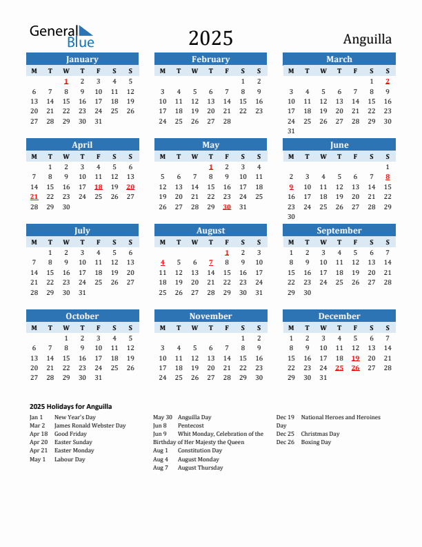 Printable Calendar 2025 with Anguilla Holidays (Monday Start)