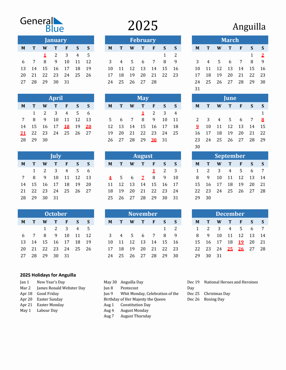 2025 Printable Calendar with Anguilla Holidays