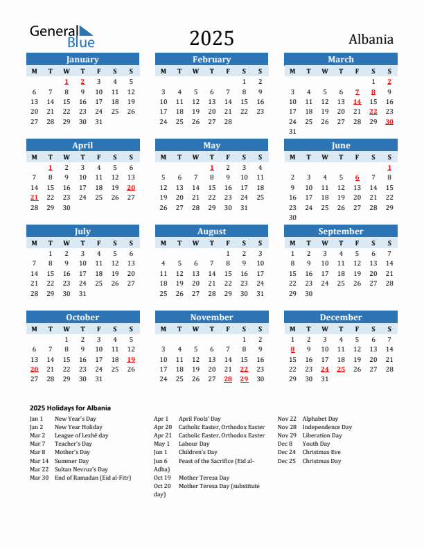 Printable Calendar 2025 with Albania Holidays (Monday Start)