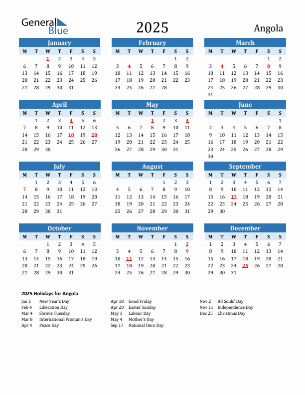 Printable Calendar 2025 with Angola Holidays (Monday Start)