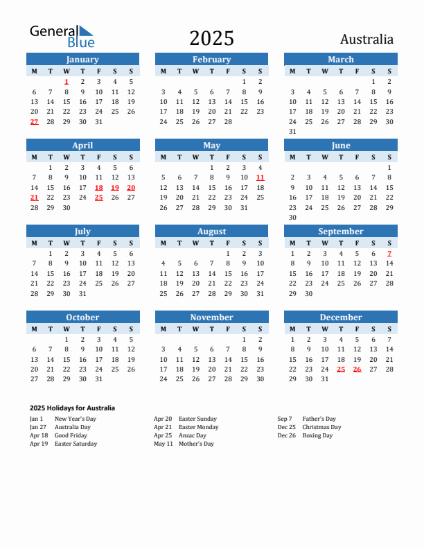 Printable Calendar 2025 with Australia Holidays (Monday Start)