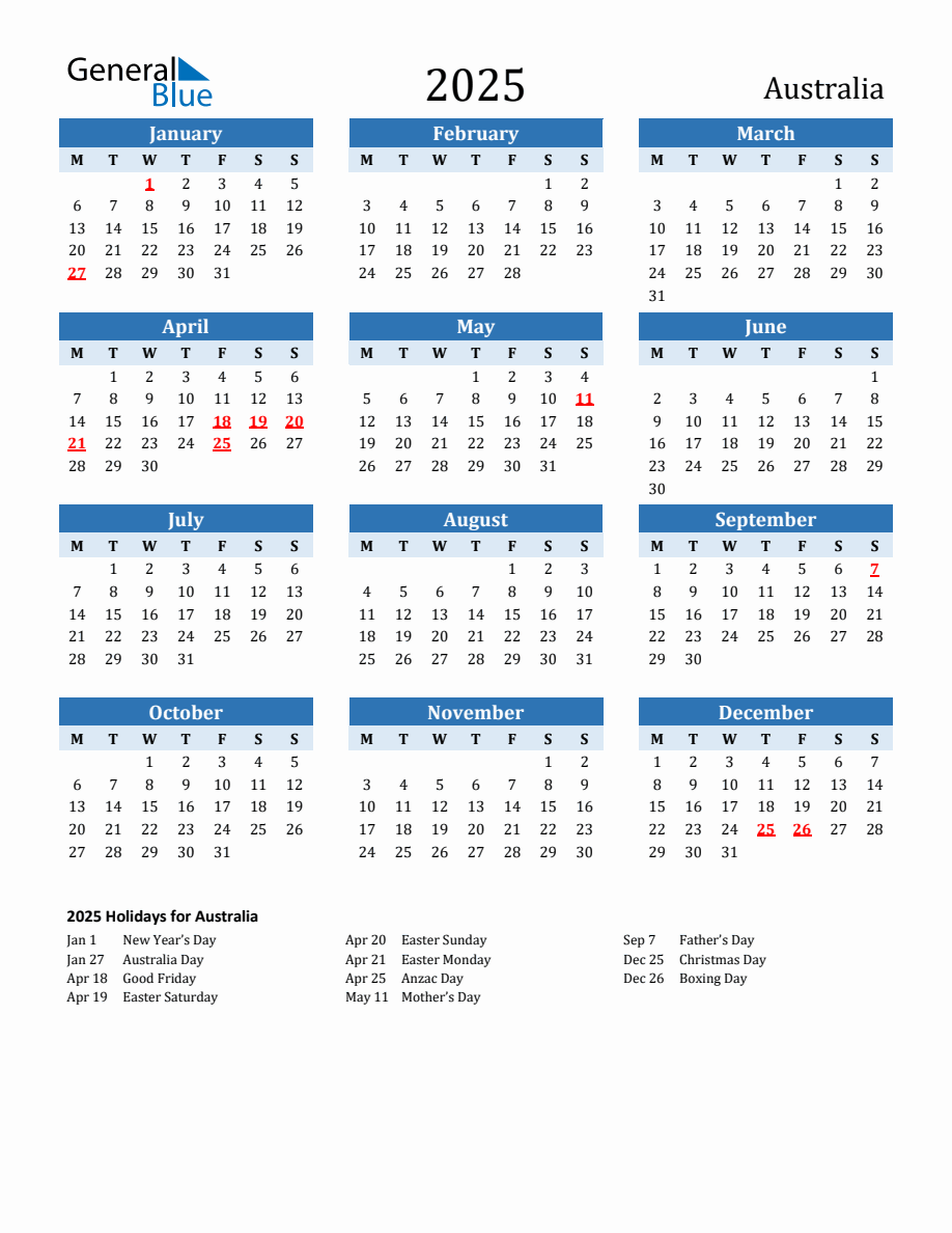 2025 Printable Calendar with Australia Holidays