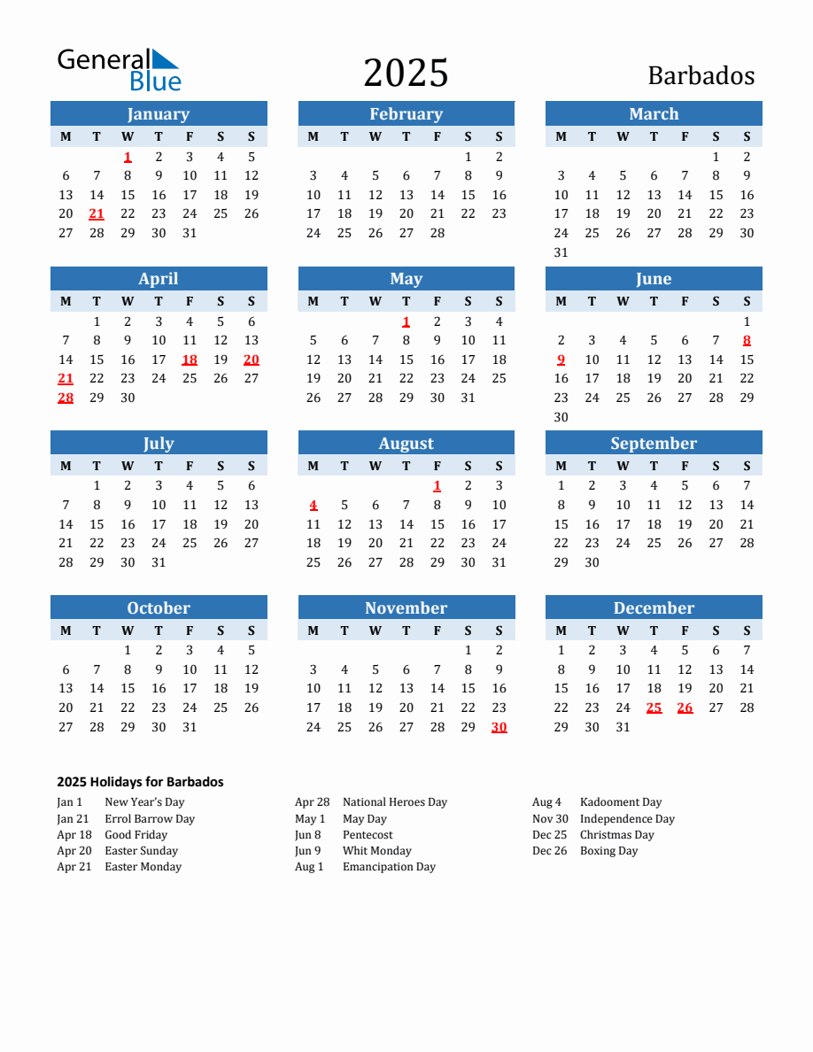 2025 Printable Calendar with Barbados Holidays