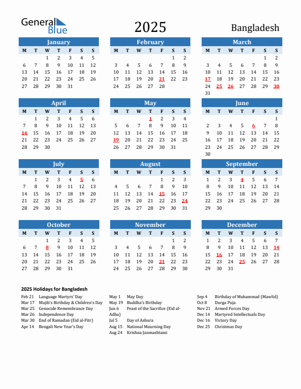 Printable Calendar 2025 with Bangladesh Holidays (Monday Start)