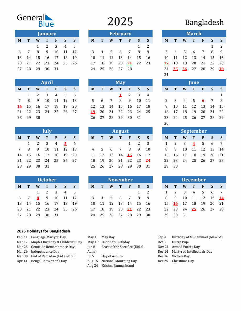 2025 Printable Calendar with Bangladesh Holidays