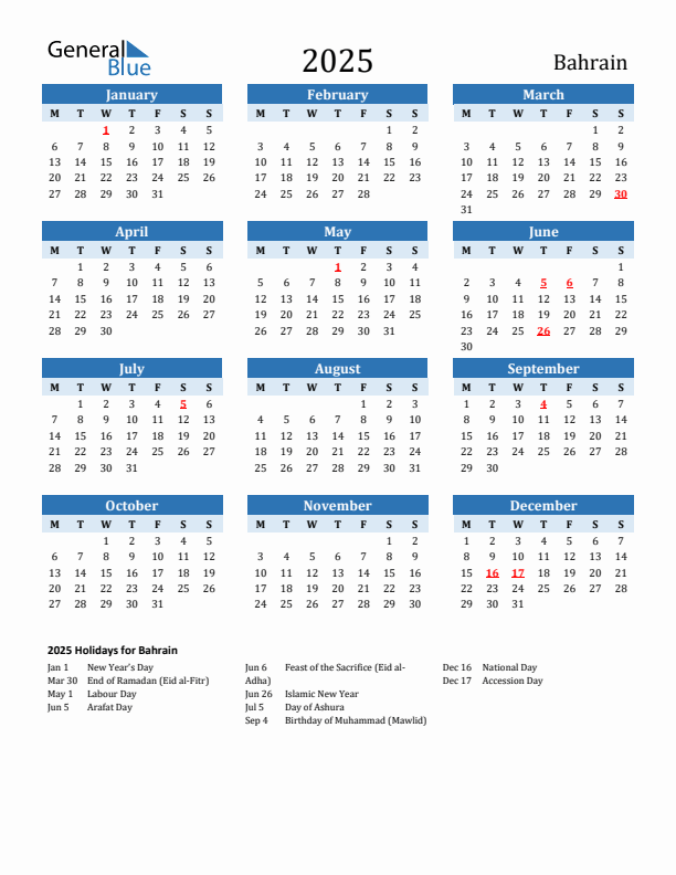 Printable Calendar 2025 with Bahrain Holidays (Monday Start)