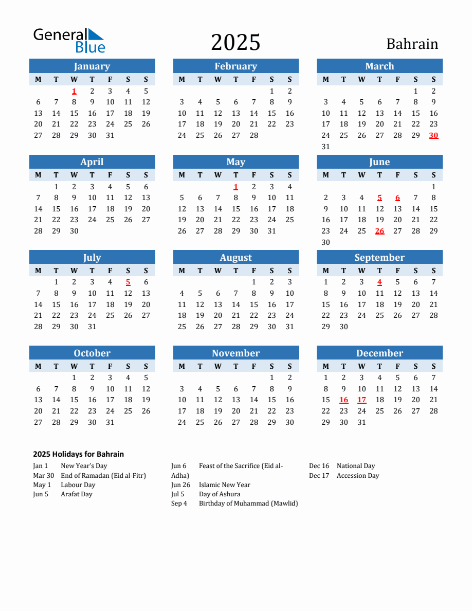 2025 Printable Calendar with Bahrain Holidays