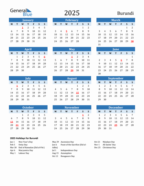 Printable Calendar 2025 with Burundi Holidays (Monday Start)