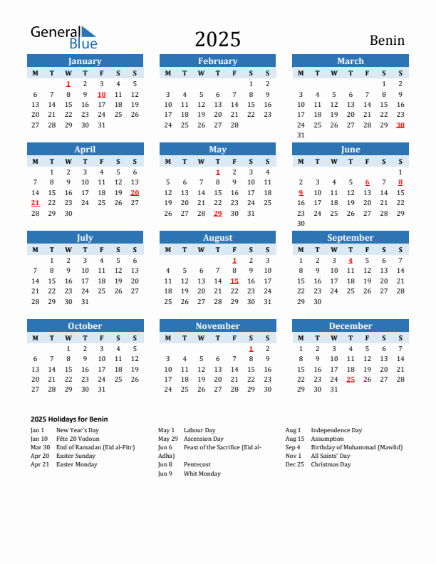 Printable Calendar 2025 with Benin Holidays (Monday Start)