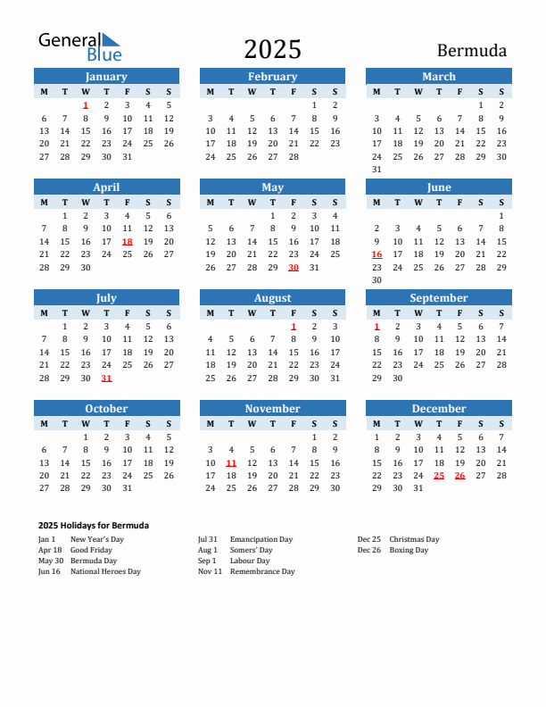 Printable Calendar 2025 with Bermuda Holidays (Monday Start)