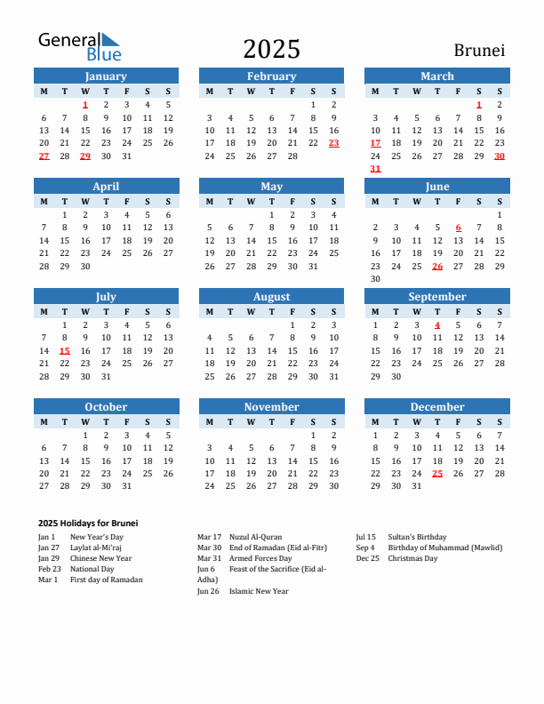 Printable Calendar 2025 with Brunei Holidays (Monday Start)