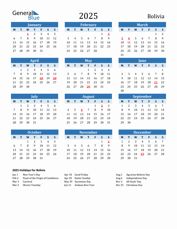 Printable Calendar 2025 with Bolivia Holidays (Monday Start)