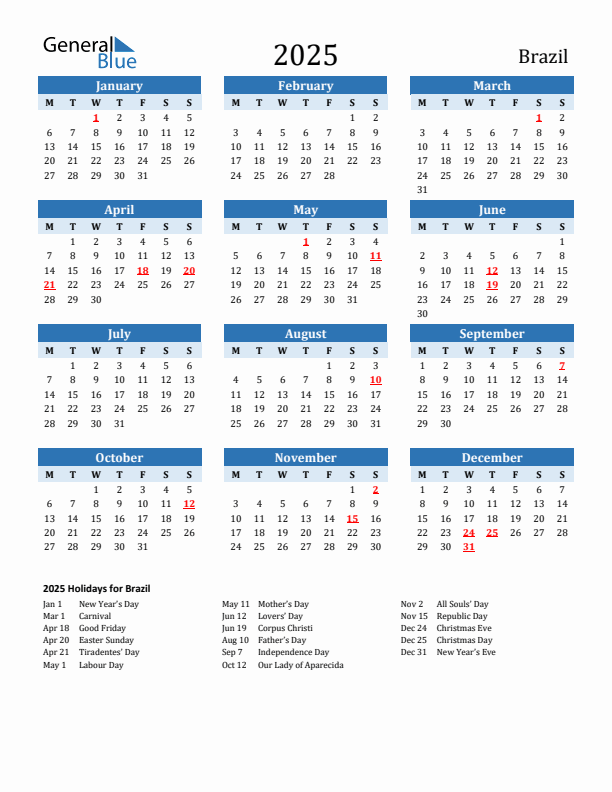 Printable Calendar 2025 with Brazil Holidays (Monday Start)