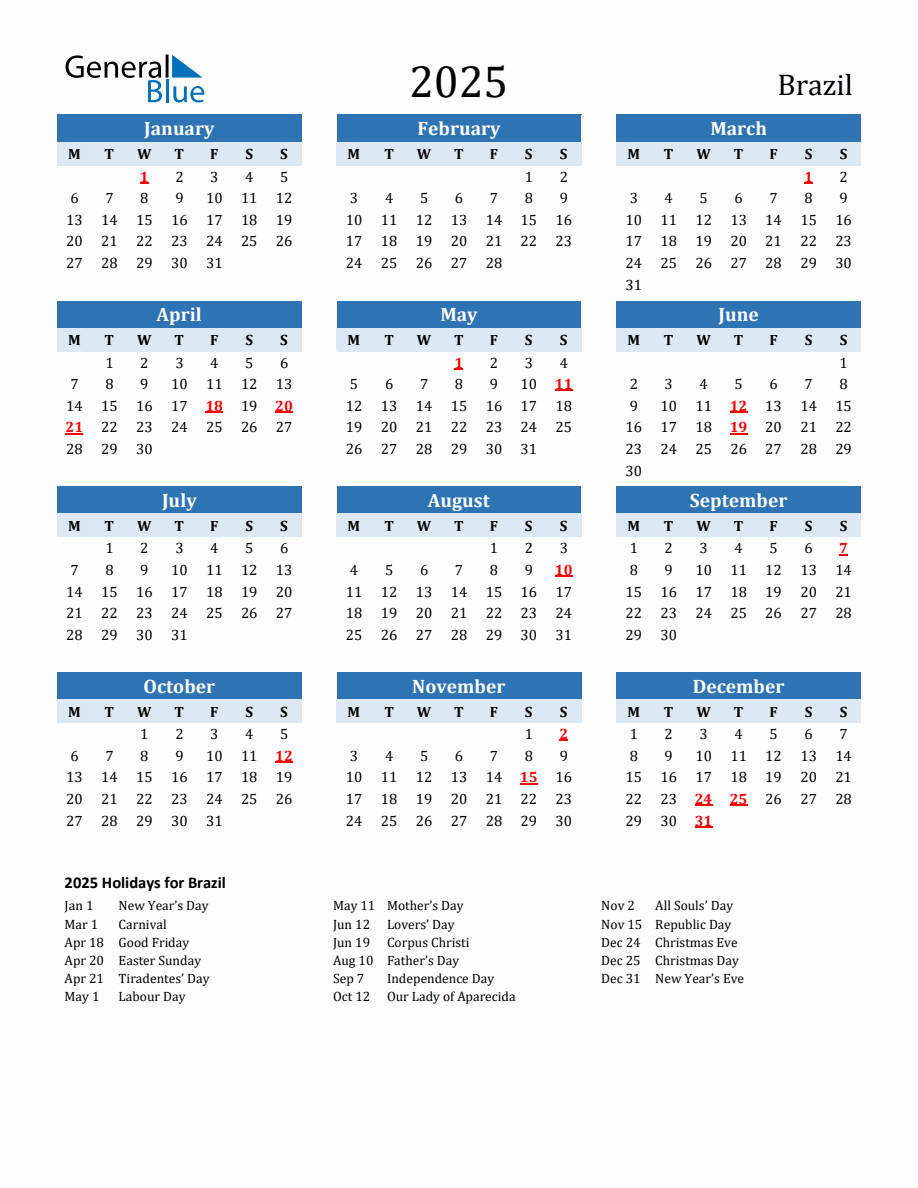 2025 Printable Calendar with Brazil Holidays