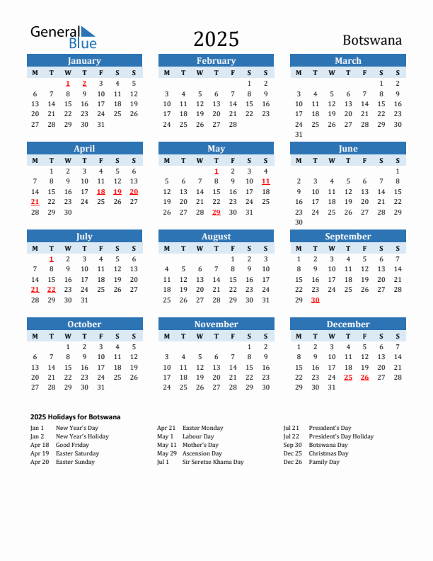 Printable Calendar 2025 with Botswana Holidays (Monday Start)